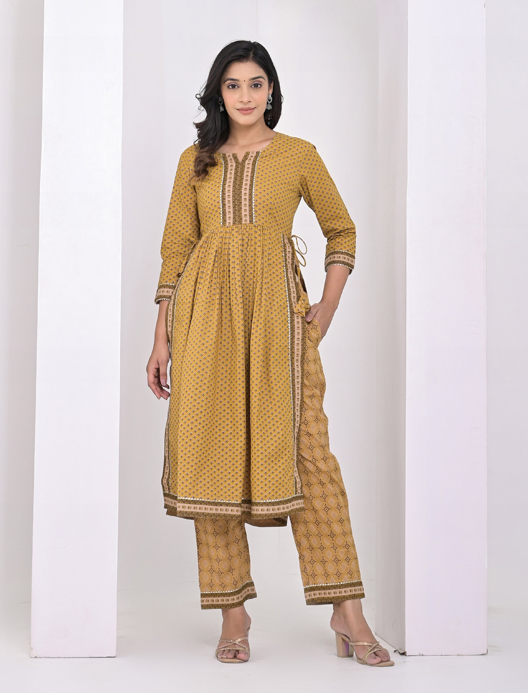 Mustard  Block Printed Cotton Pant Set