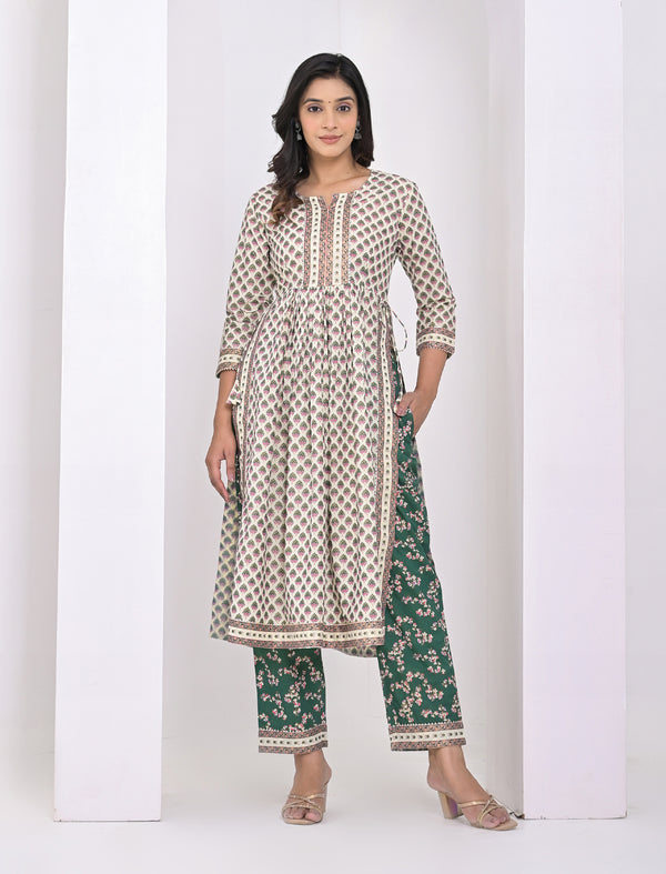 White Green Block Printed Cotton Pant Set