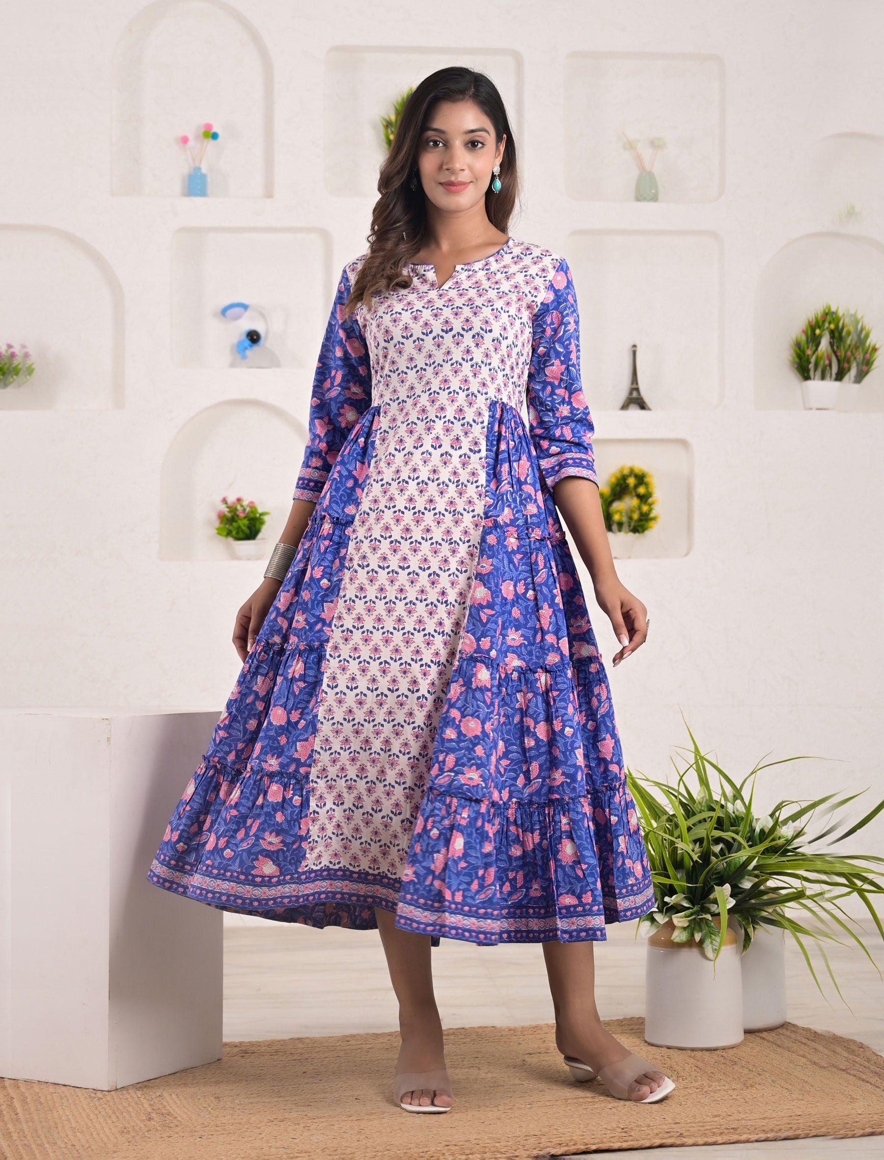 Hand Block Printed Blue Cotton Dress