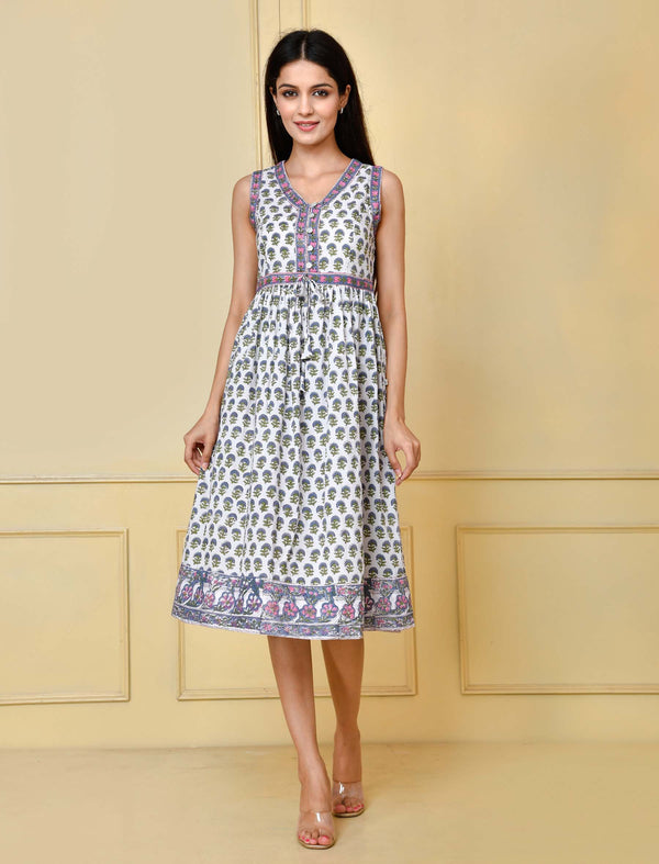 White Pink Block Printed Cotton Knee Length Dress