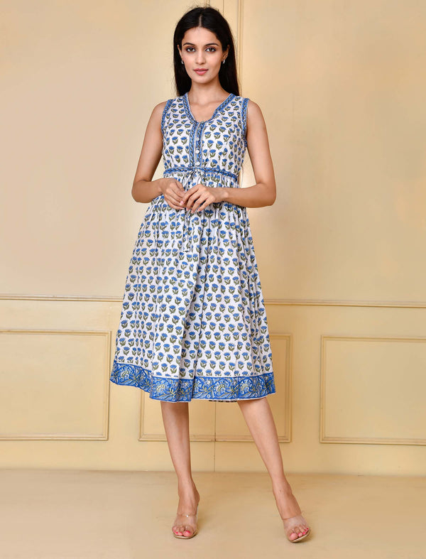 White Blue Pink Block Printed Cotton Knee Length Dress