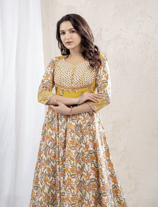 Yellow Printed Cotton Long Dress