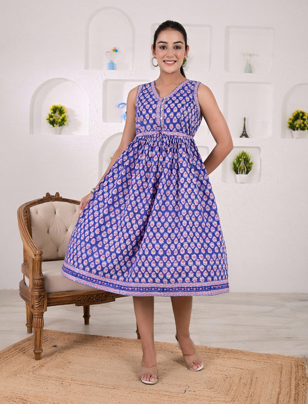 Blue Sleeveless Hand Block Printed Cotton Dress