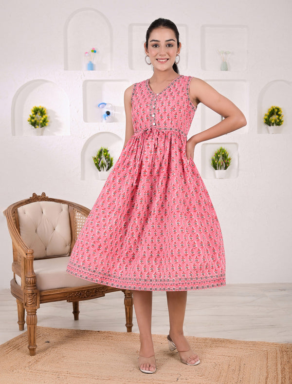 Peach Sleeveless Hand Block Printed Cotton Dress