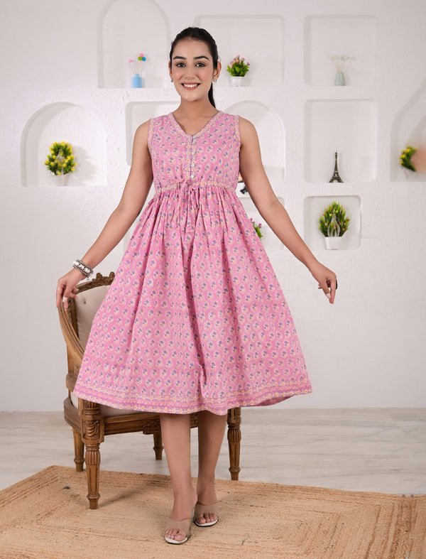 Pink Sleeveless Hand Block Printed Cotton Dress