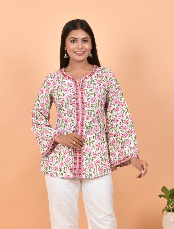White Jaal Printed Cotton Short Top