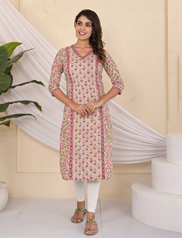 Cotton Block Printed Beige Kurti