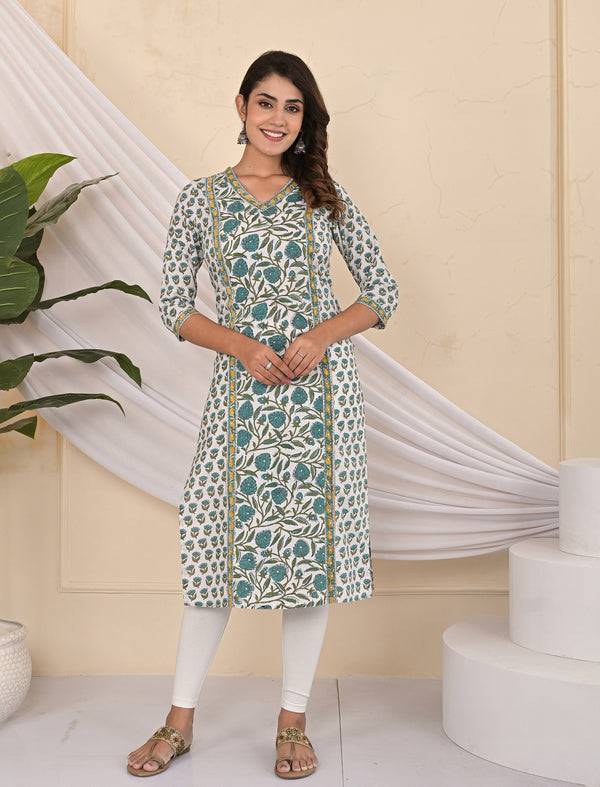 Cotton Block Printed Sea Green Jaal Kurti