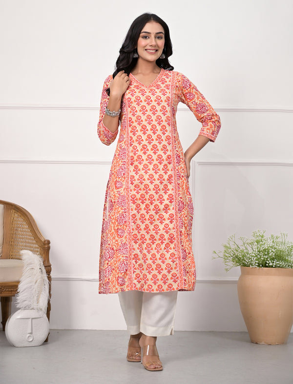 Pink Butti Block Printed Cotton Straight Kurti