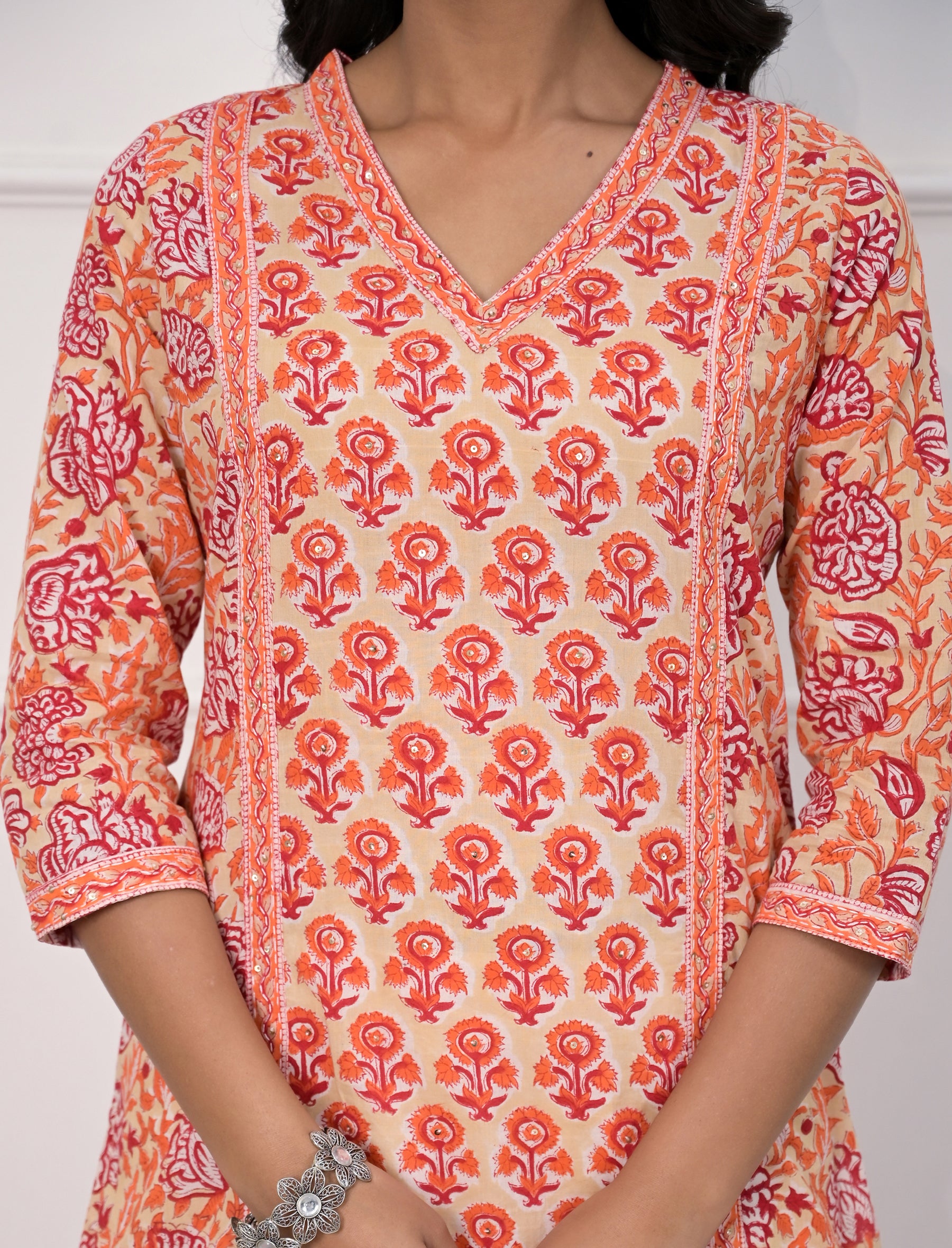 Pink Butti Block Printed Cotton Straight Kurti