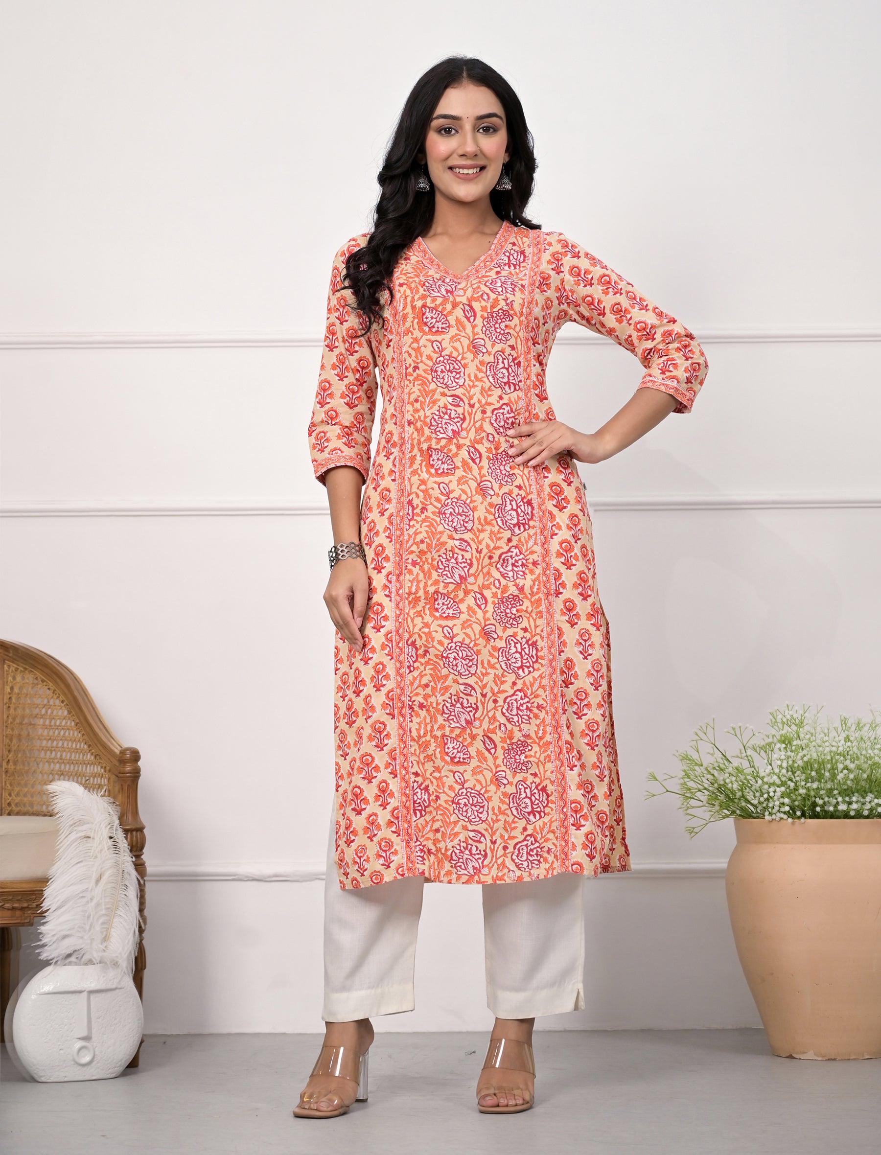 Pink Jaal Block Printed Cotton Straight Kurti