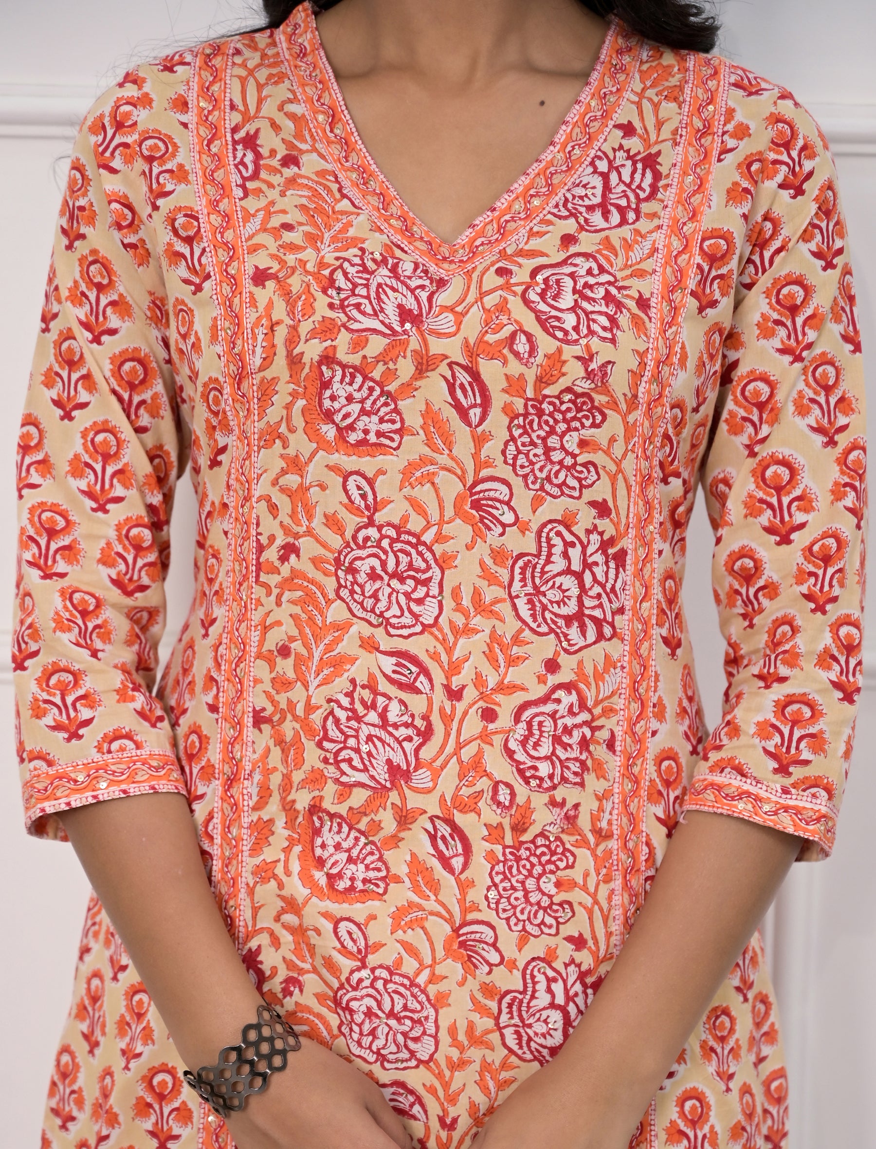 Pink Jaal Block Printed Cotton Straight Kurti