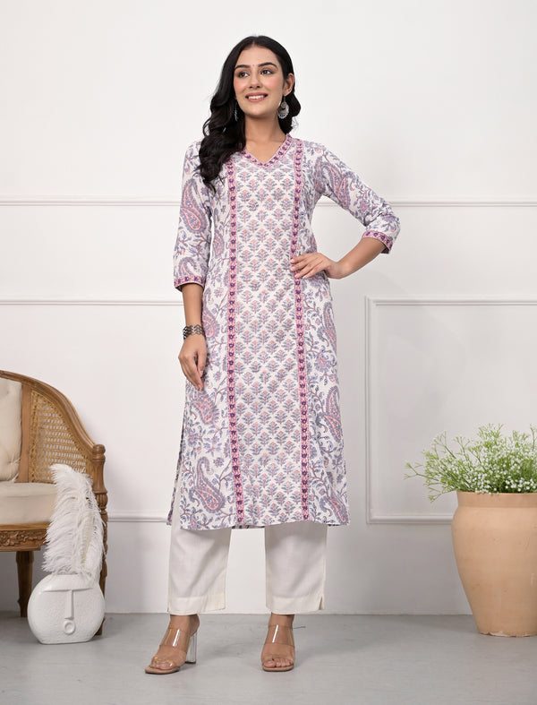 White Butti Block Printed Cotton Straight Kurti