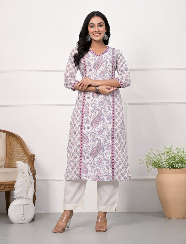 White Jaal Block Printed Cotton Straight Kurti