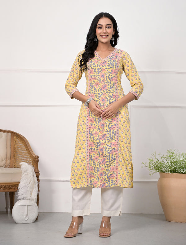 Yellow Jaal Block Printed Cotton Straight Kurti