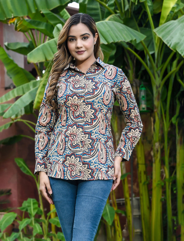 Blue Jaal Printed Cotton Shirt For Women