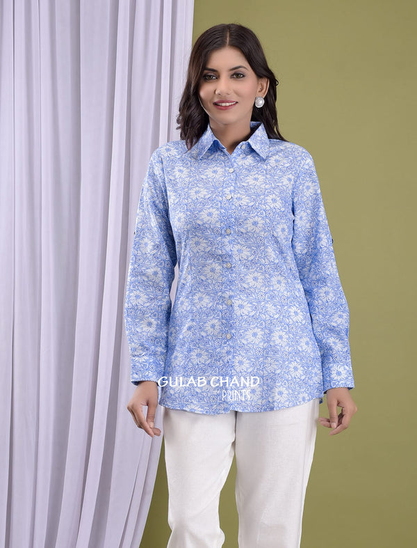 Blue Jaal Printed Cotton Shirt For Women