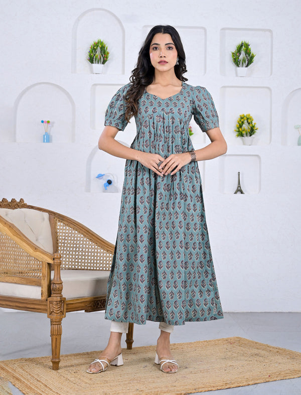 Hand Block Printed Blue Cotton Dress