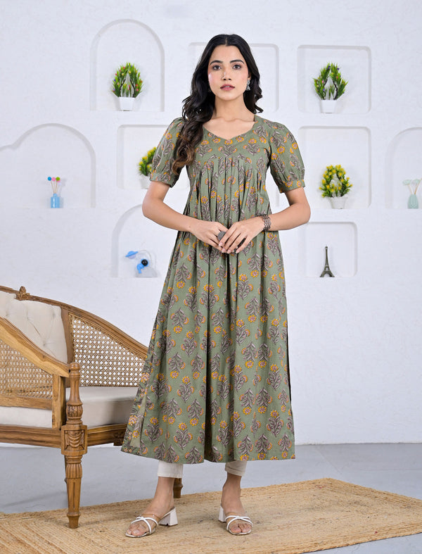 Hand Block Printed Green Cotton Dress