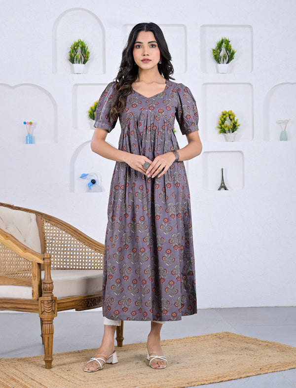 Hand Block Printed Grey Cotton Dress