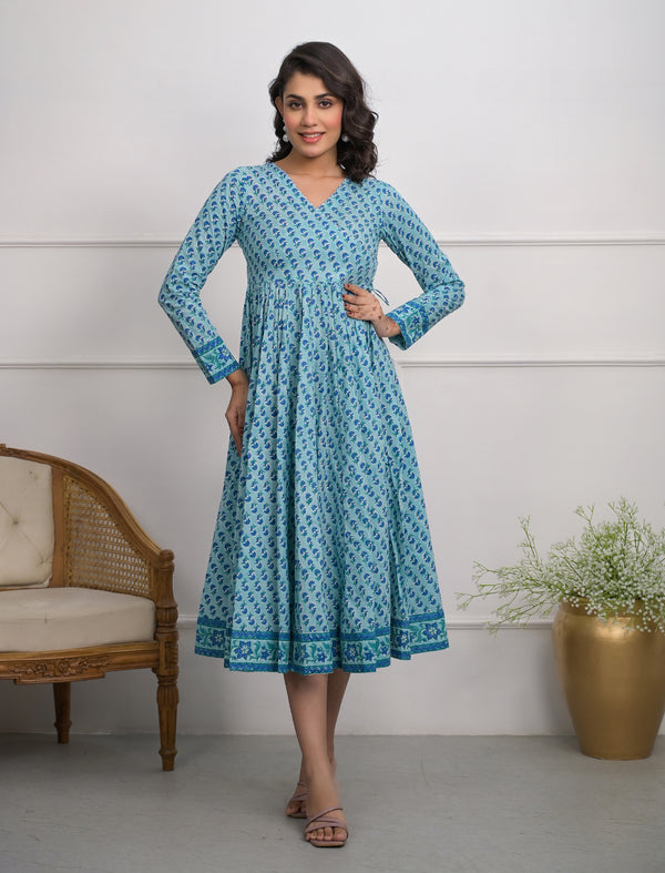 Blue Block Printed Long Angrakha Cotton Dress