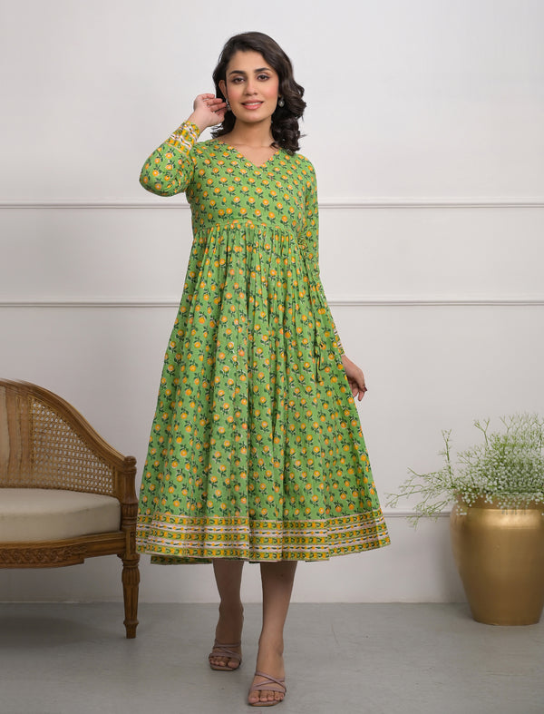 Green Block Printed Long Angrakha Cotton Dress