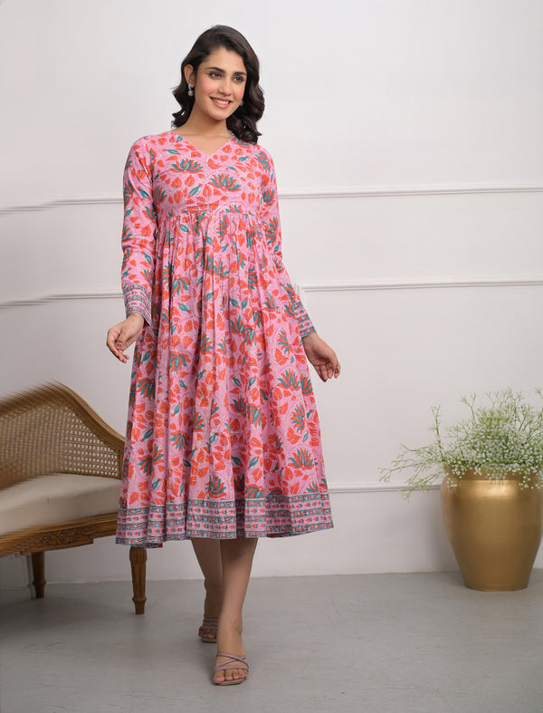 Pink Block Printed Long Angrakha Cotton Dress