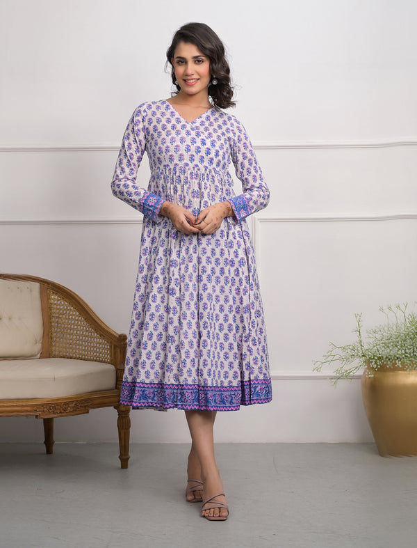 White Block Printed Long Angrakha Cotton Dress