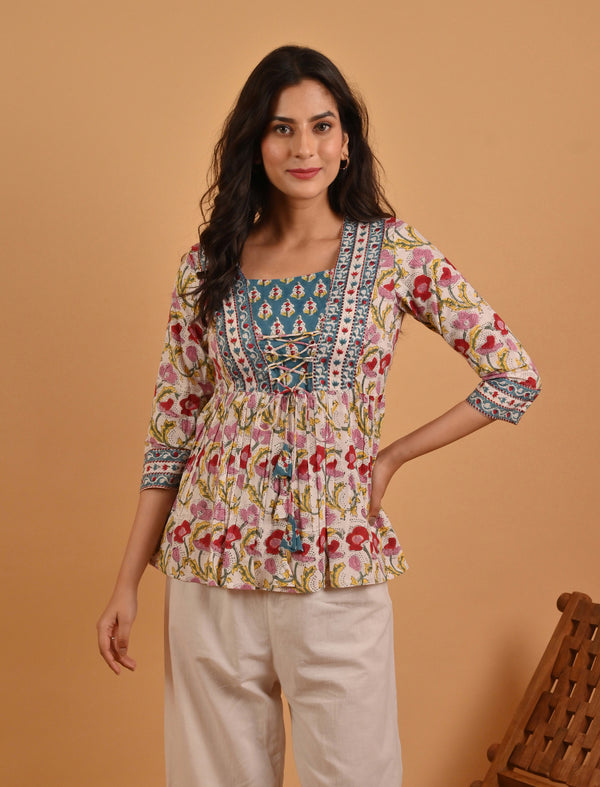 White Block Printed Cotton Top