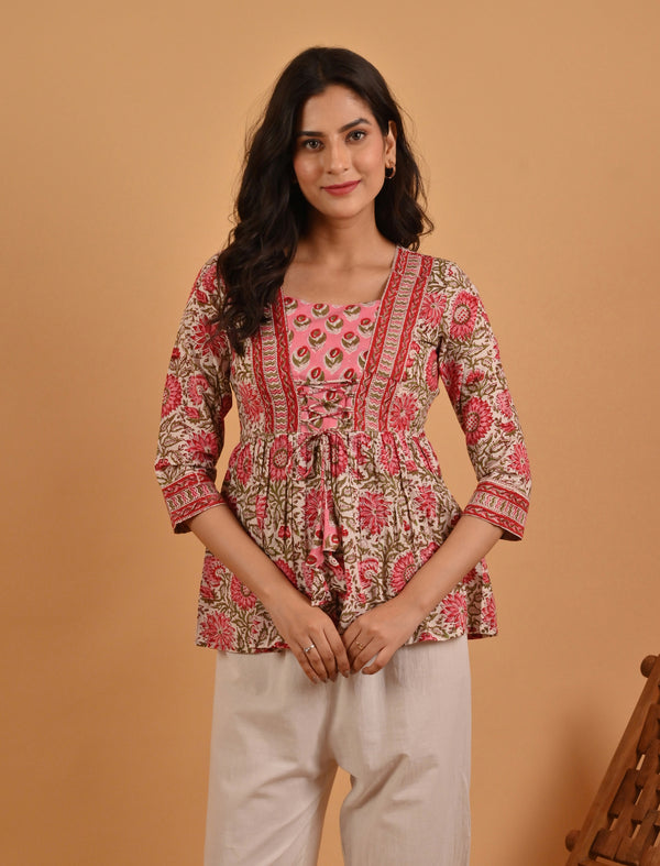 White Pink Block Printed Cotton Top