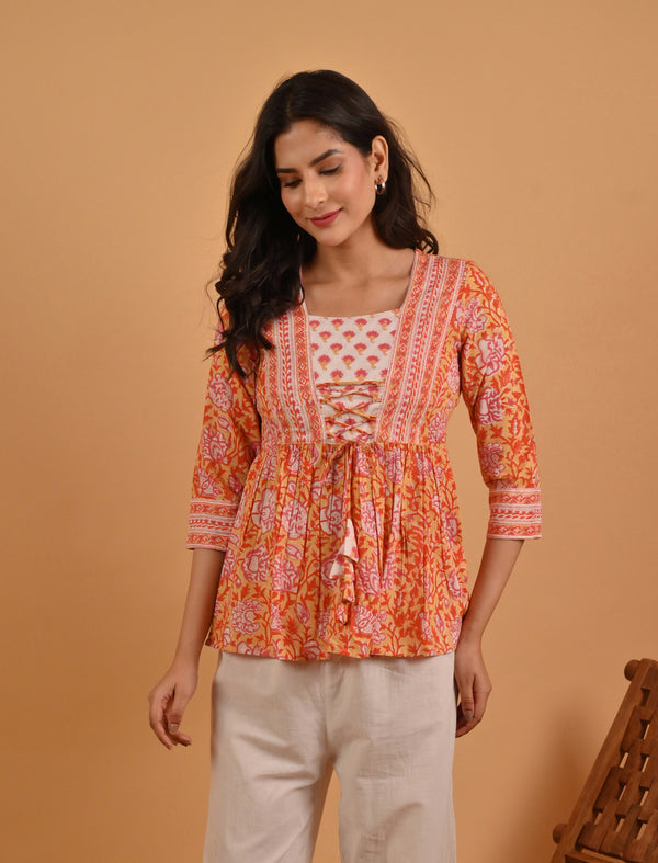 Yellow Pink Block Printed Cotton Top