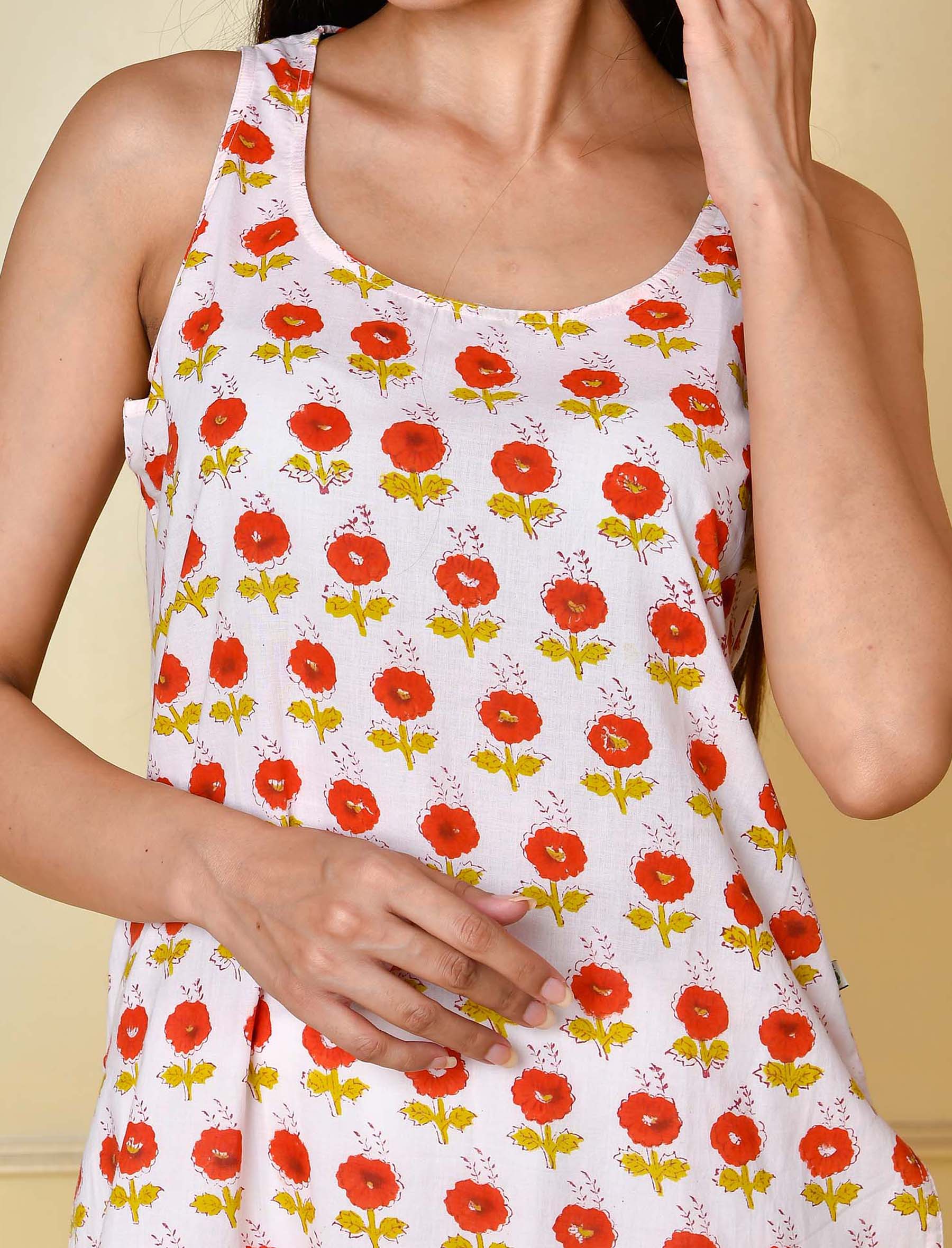 White Red Printed Cotton Sleeveless Short Top