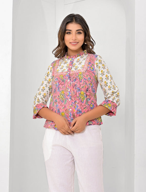 Pink Cotton Printed Short Top