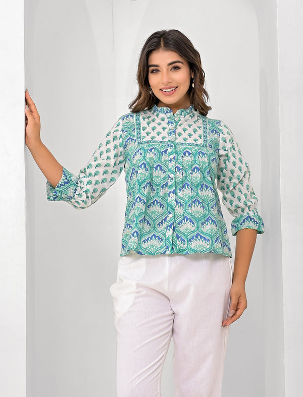 Turquoise Cotton Printed Short Top