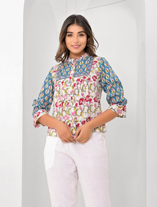 White Cotton Printed Short Top