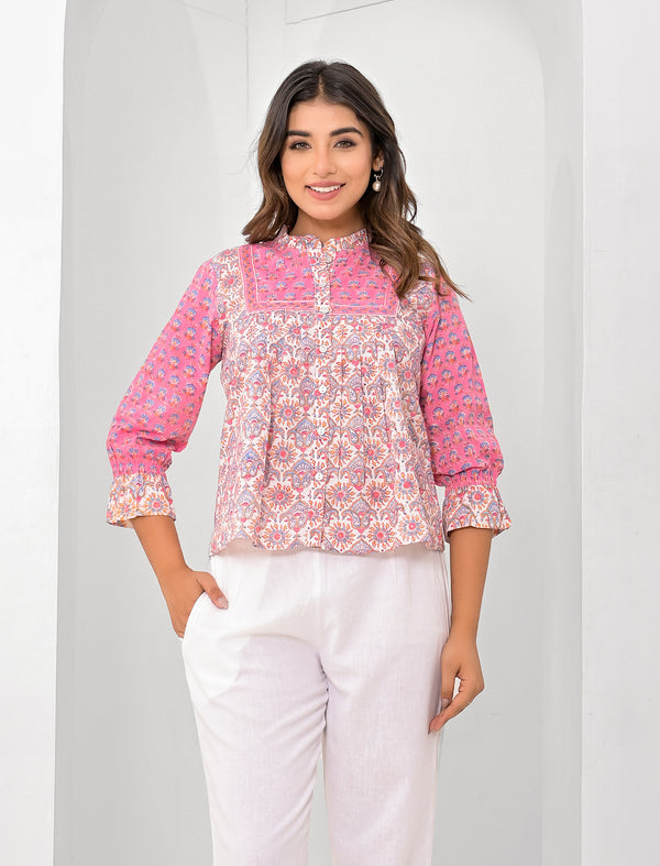 White Jaal Cotton Printed Short Top