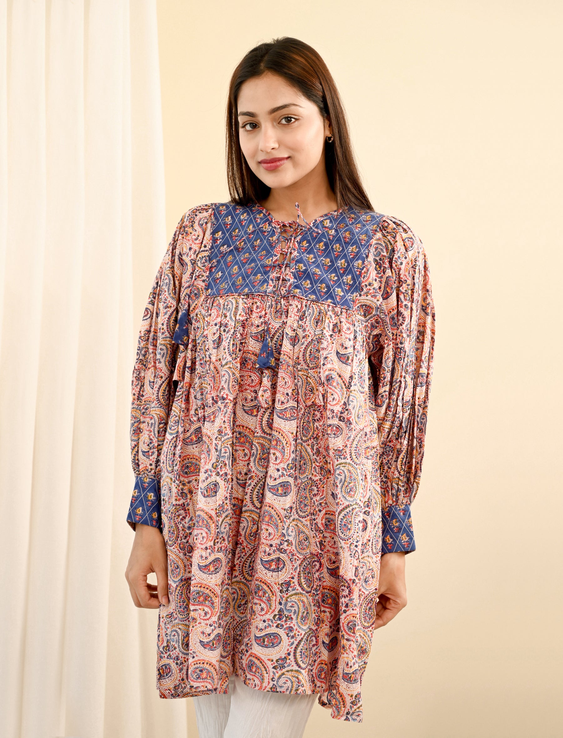 Beige Flared Shoulder Block Printed Cotton Dress