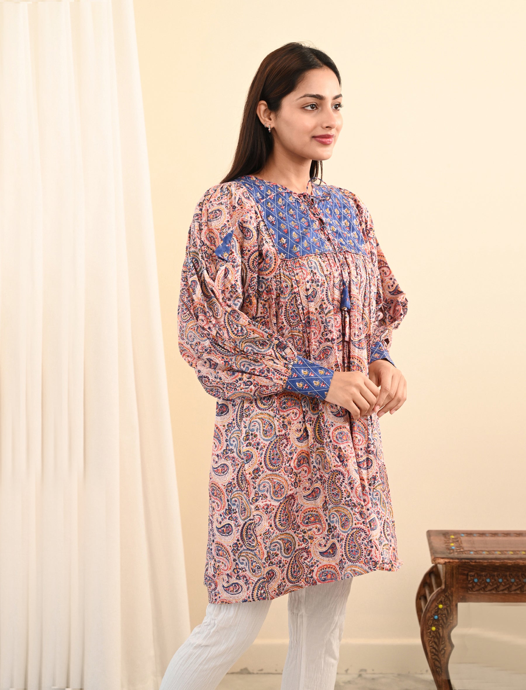 Beige Flared Shoulder Block Printed Cotton Dress