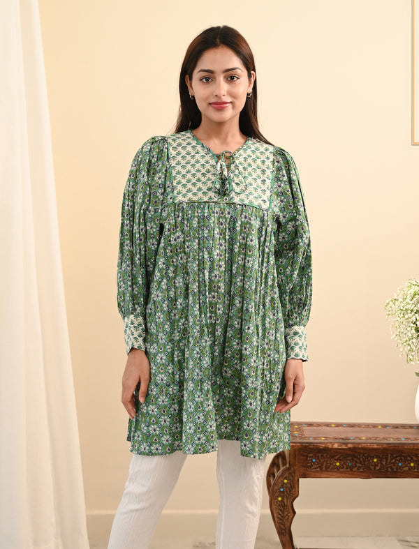 Green Flared Shoulder Block Printed Cotton Dress