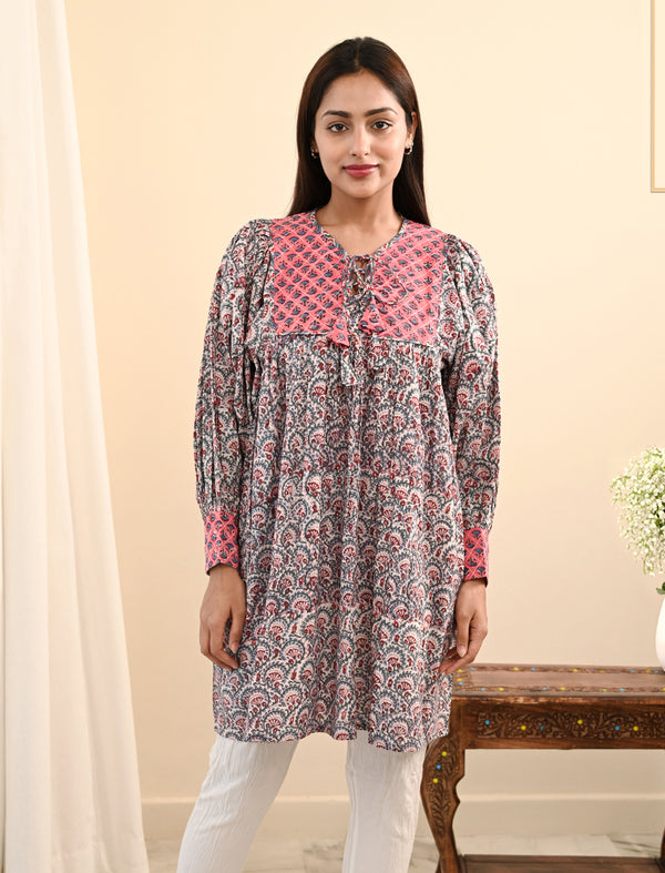 Peach Flared Shoulder Block Printed Cotton Dress