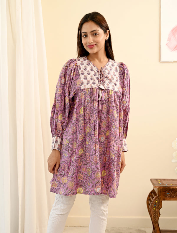 Pink Flared Shoulder Block Printed Cotton Dress