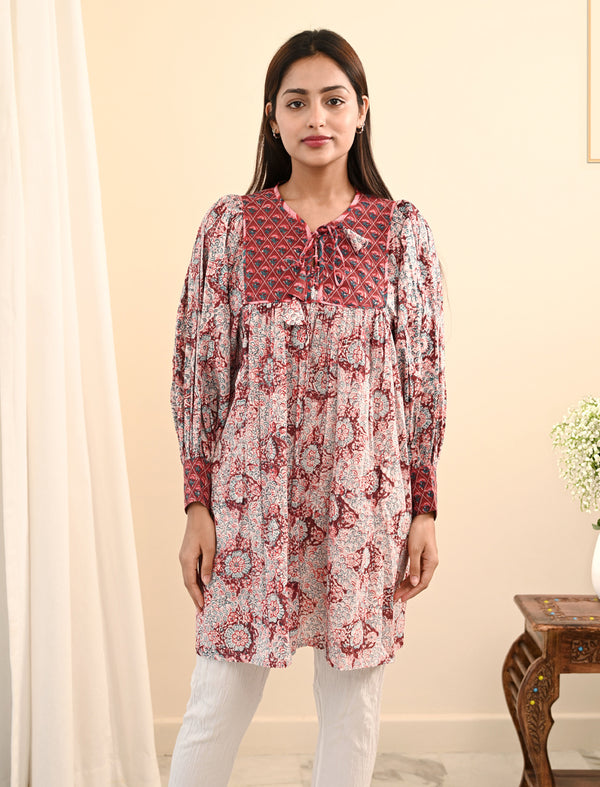 Red Flared Shoulder Block Printed Cotton Dress