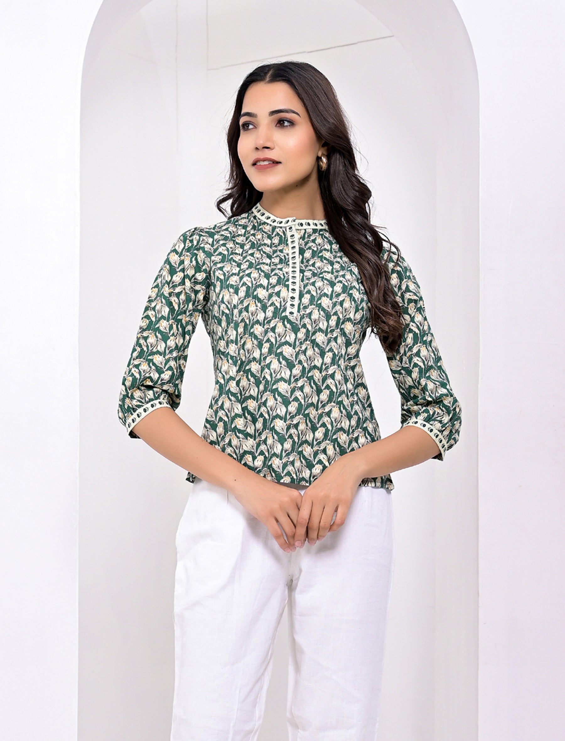 Green Jaal Printed Cotton Short Top