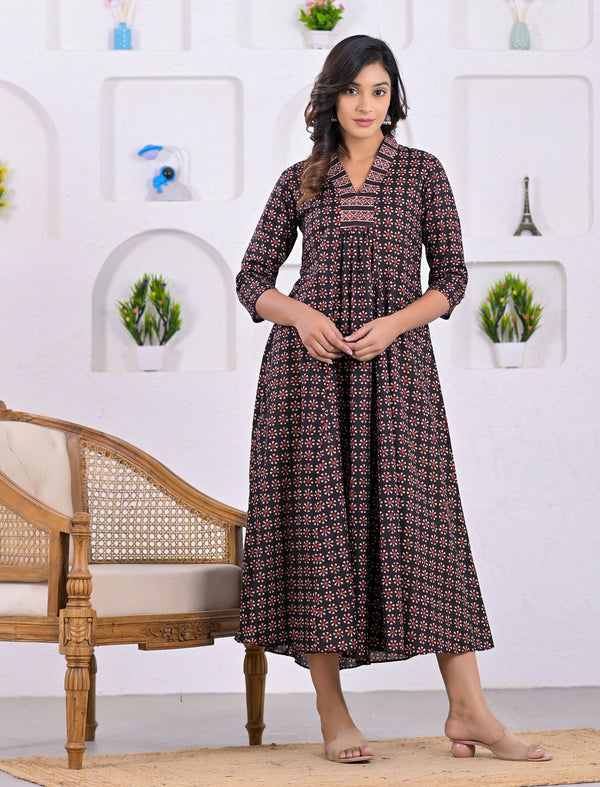 Hand Block Printed Black Long Cotton Dress