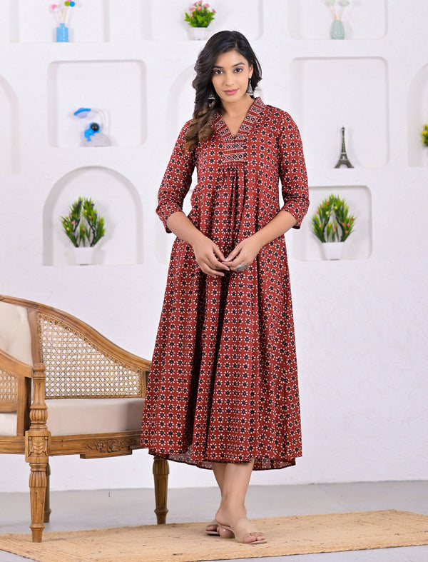 Hand Block Printed Maroon Long Cotton Dress