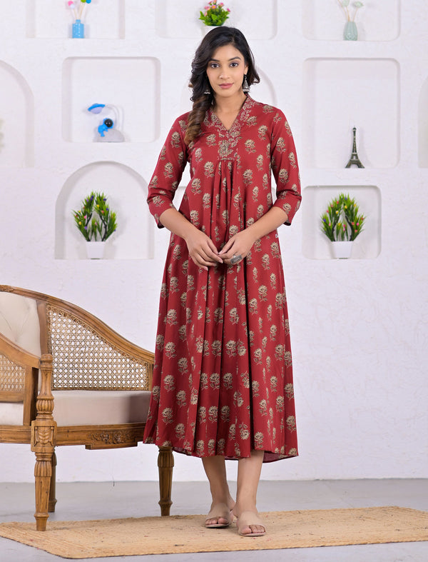 Hand Block Printed Maroon Butta Long Cotton Dress