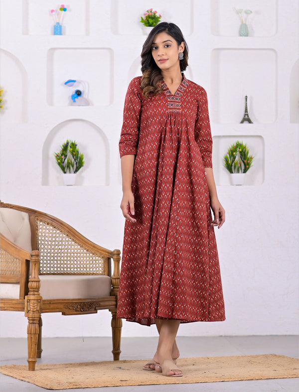 Hand Block Printed Maroon Long Cotton Dress