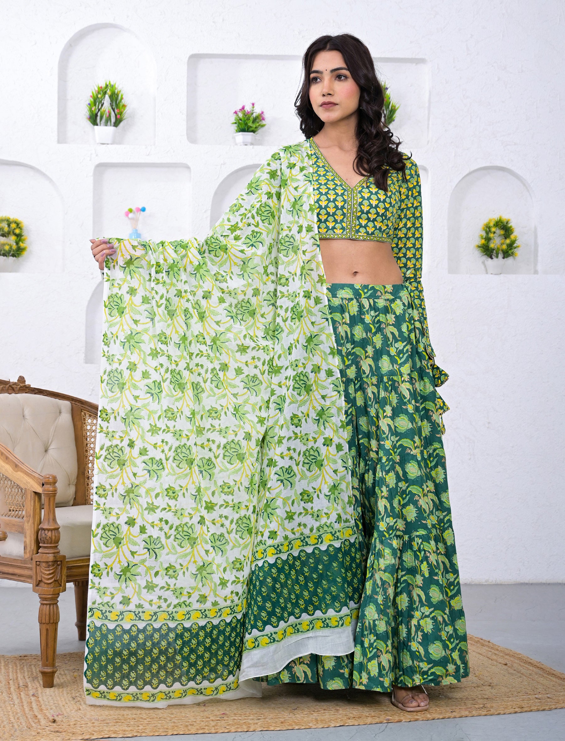 Green Block Printed Festive Cotton Lehenga