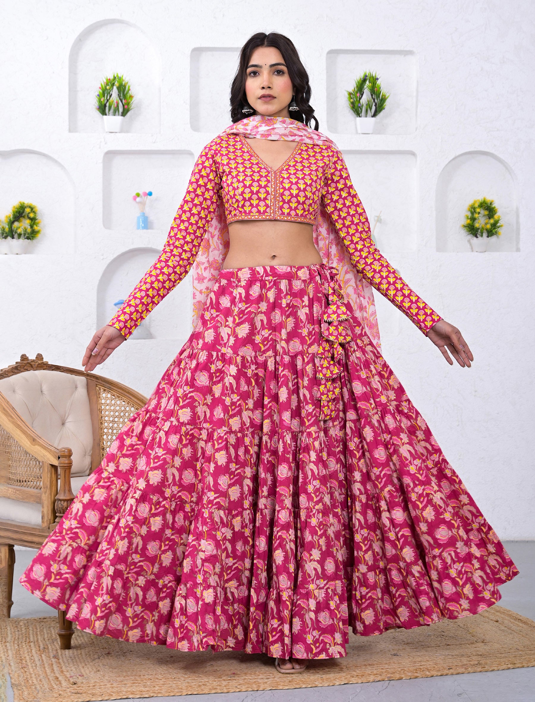 Rani Pink Block Printed Festive Cotton Lehenga