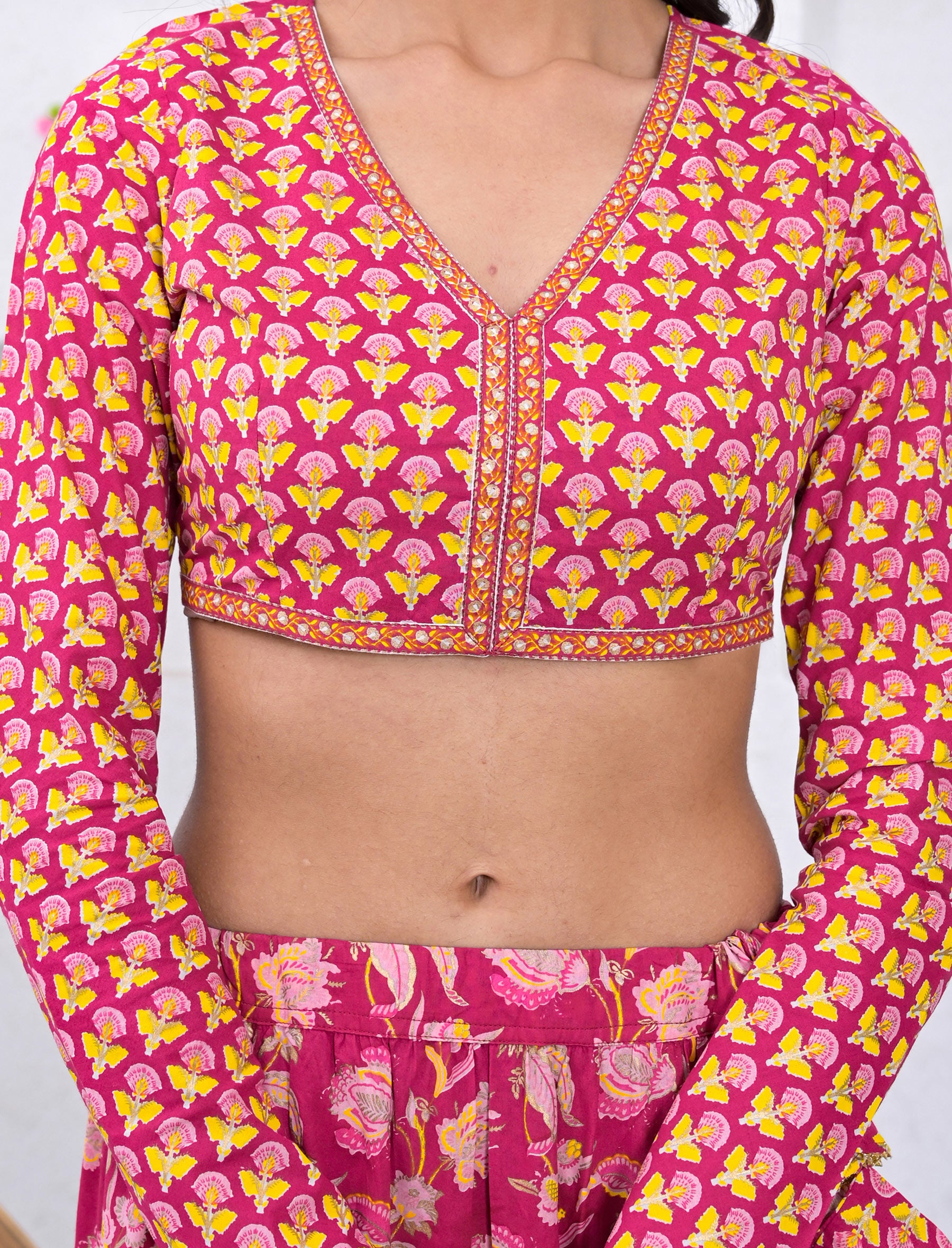 Rani Pink Block Printed Festive Cotton Lehenga